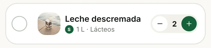 Producto en una lista de Kestá: Leche descremada, 2 unidades de 1 litro, agregado por Sofía.